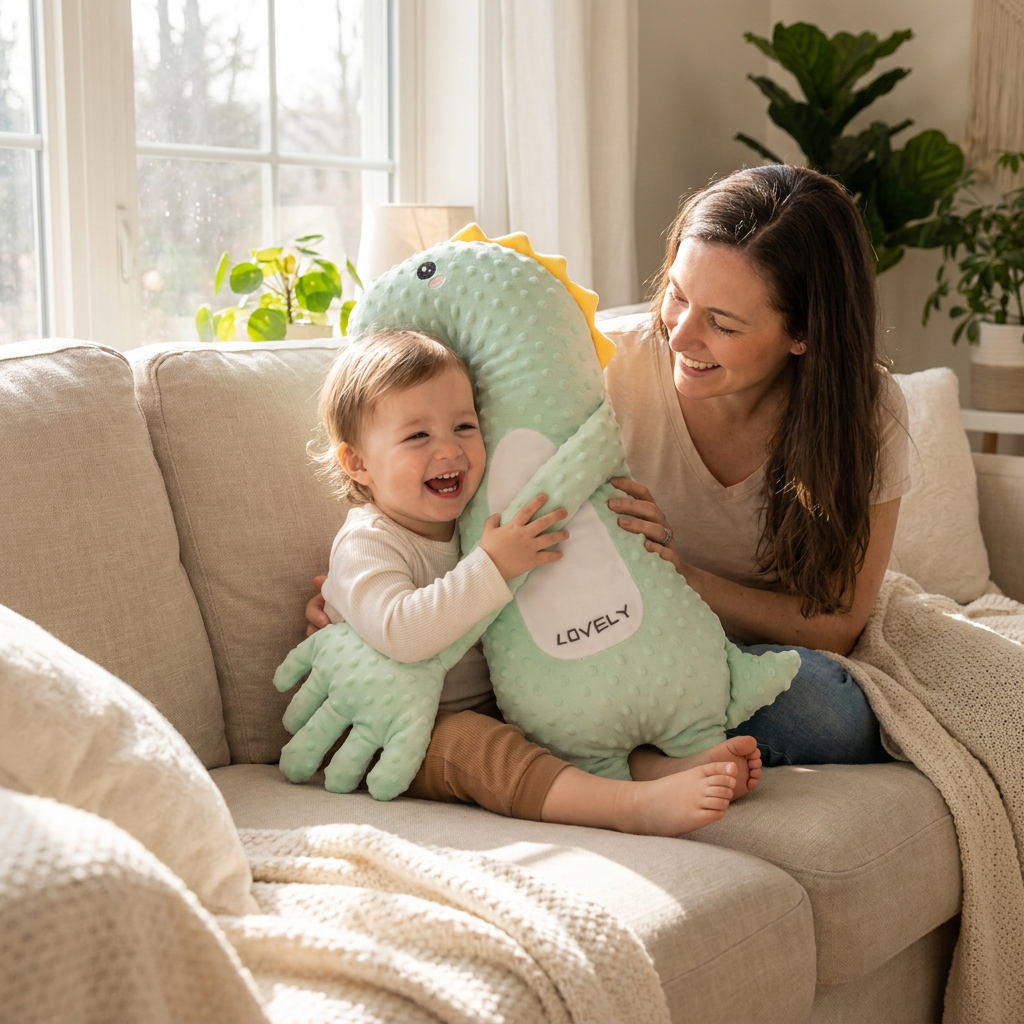 Kleinkind kuschelt mit DinoHug auf dem Sofa (Symbolbild)