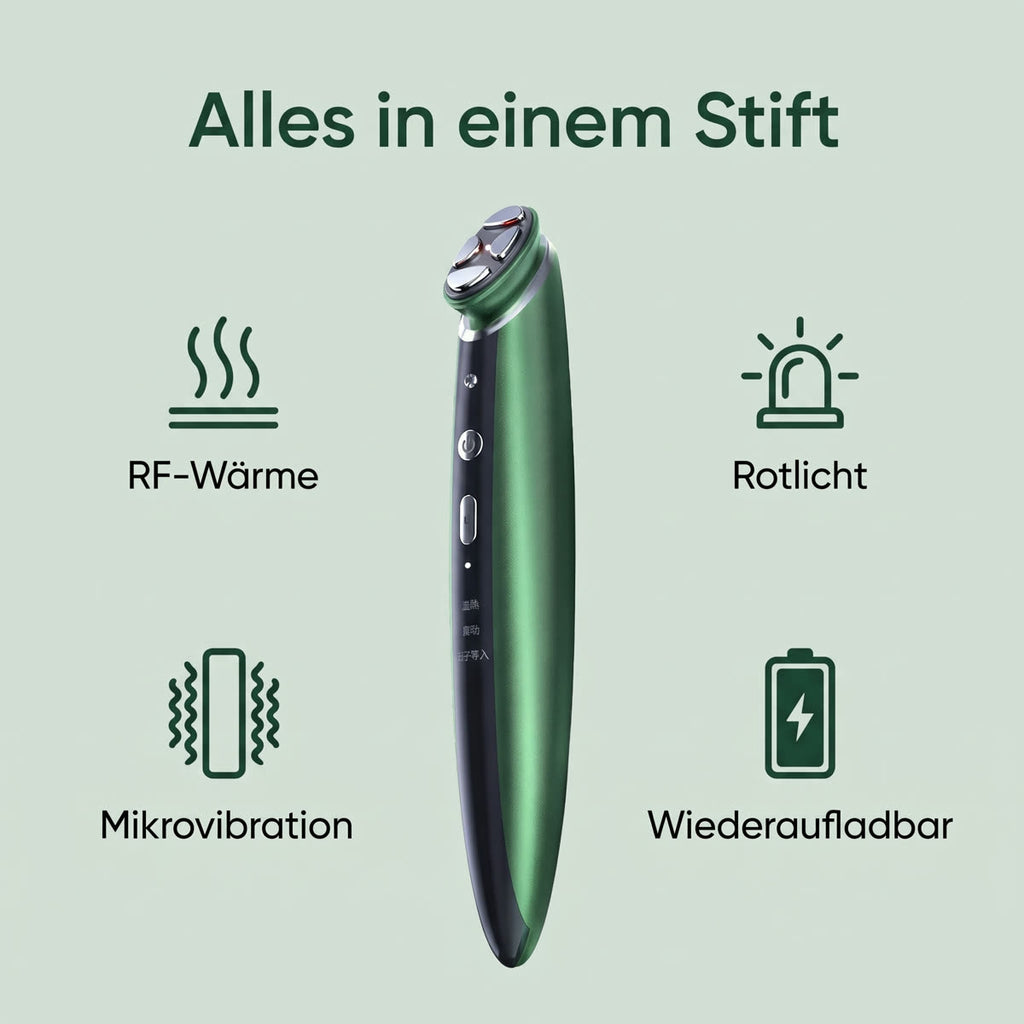 GlowEye Funktionen: RF-Wärme, Rotlicht, Mikrovibration, wiederaufladbar